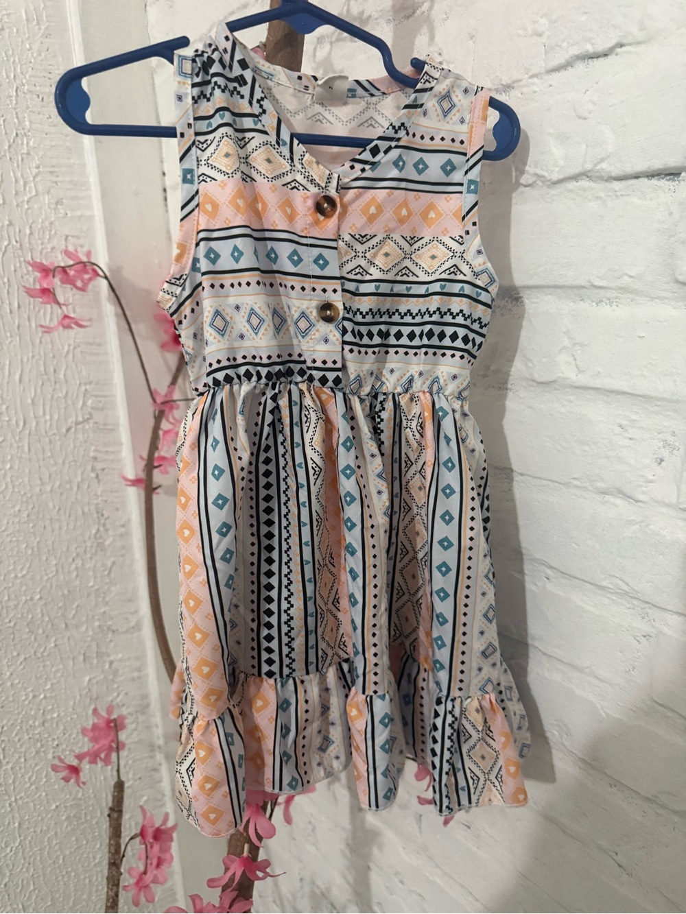 SHEIN White Geometric Stripe Sleeveless Dress with Peach & Teal Accents